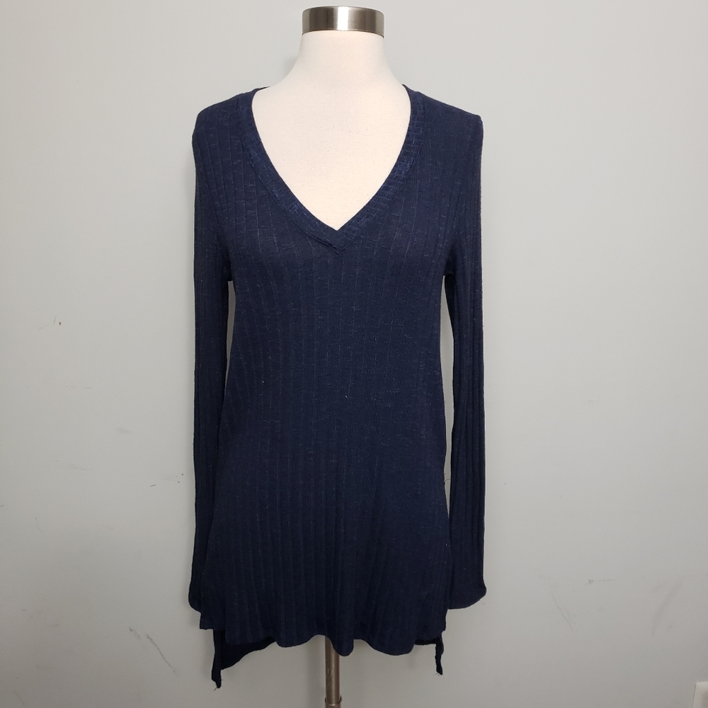 Anthropologie Deletta Small Navy Blue Ribbed V Neck Tunic Top - Picture 3 of 10